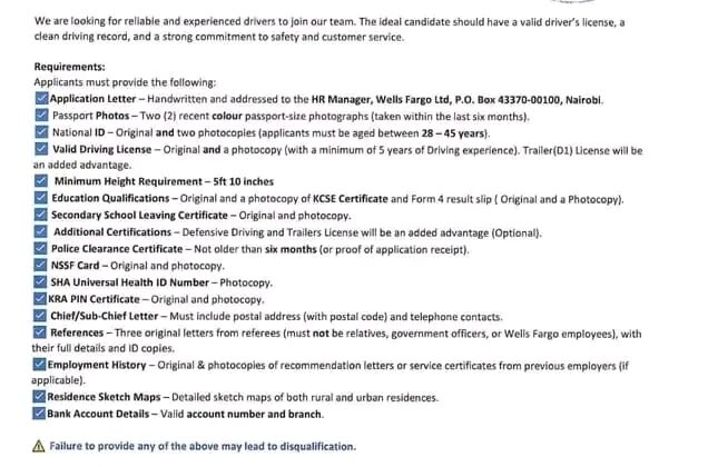 Drivers at Wells Fargo