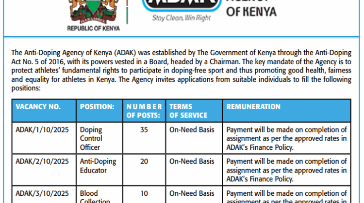 Anti-Doping Agency of Kenya Announces 95 Job Opportunities; How to Apply