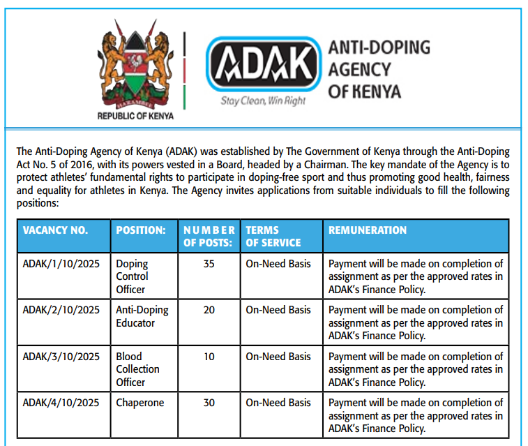 Anti-Doping Agency of Kenya Announces 95 Job Opportunities; How to Apply
