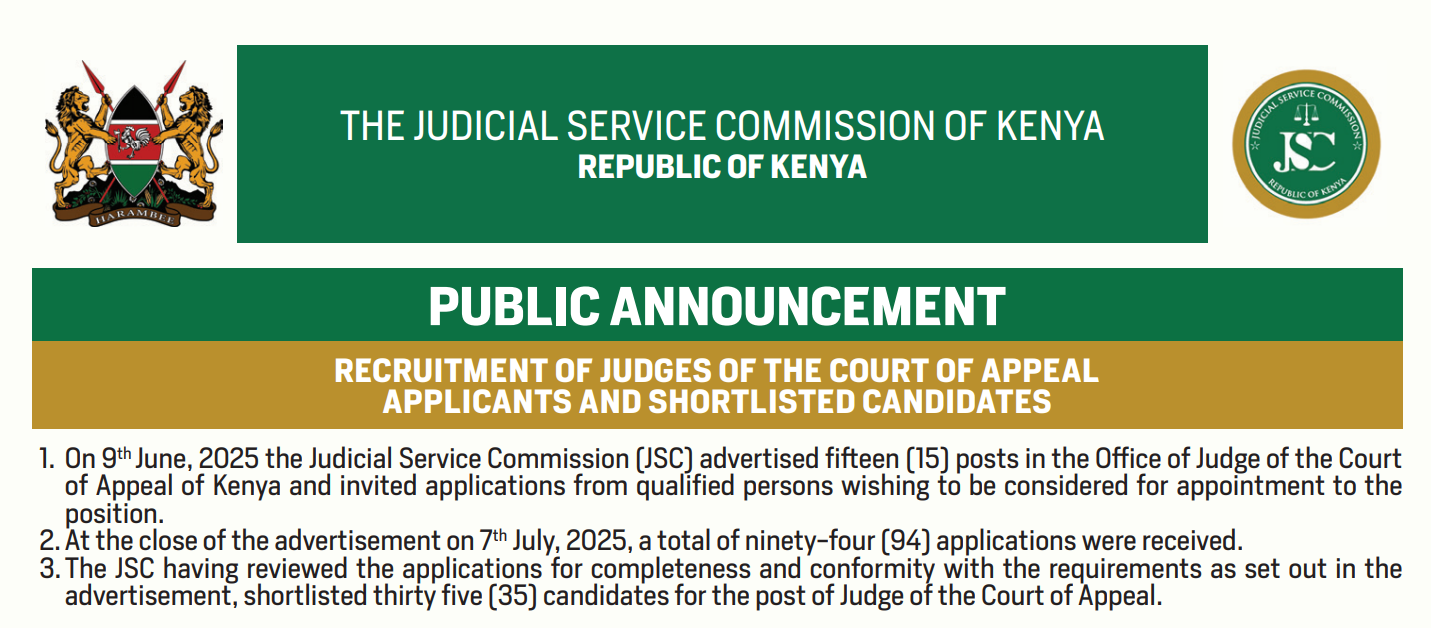 JSC Shortlists 35 Candidates for Court of Appeal and Environment & Land Court Judge Positions