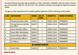 Kenya National Innovation Agency (KeNIA) Announces 13 Job Vacancies; How to Apply