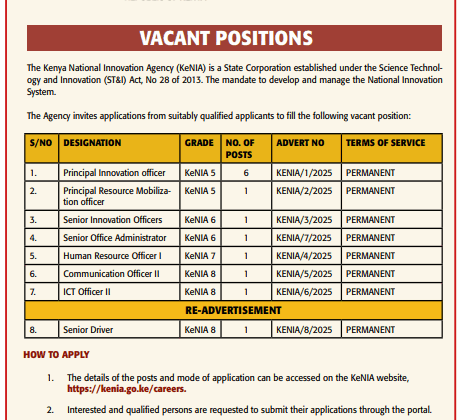 Kenya National Innovation Agency (KeNIA) Announces 13 Job Vacancies; How to Apply