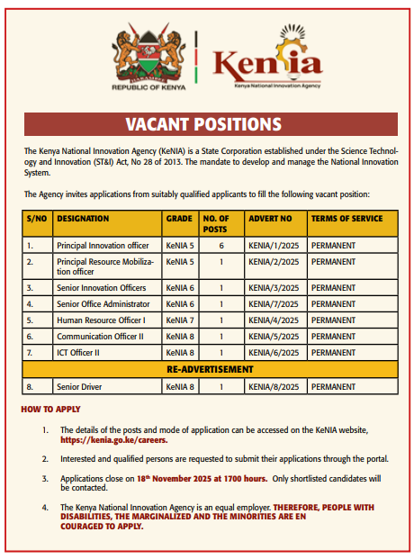 Kenya National Innovation Agency (KeNIA) Announces 13 Job Vacancies; How to Apply