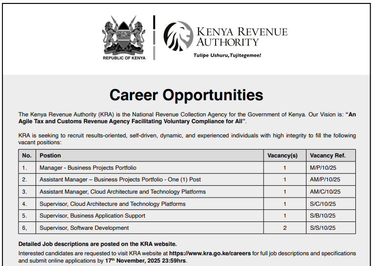 Kenya Revenue Authority Announces 7 Career Opportunities; How to Apply