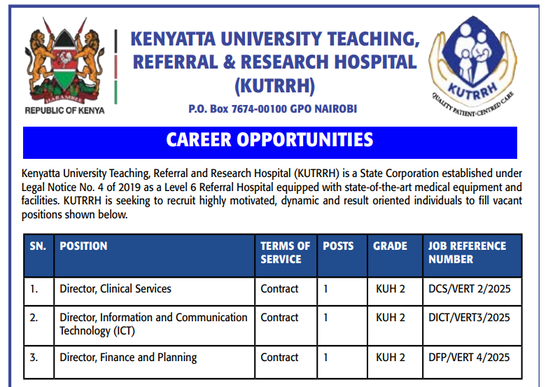 Kenyatta University Teaching, Referral and Research Hospital Announces Career Opportunities; How to Apply